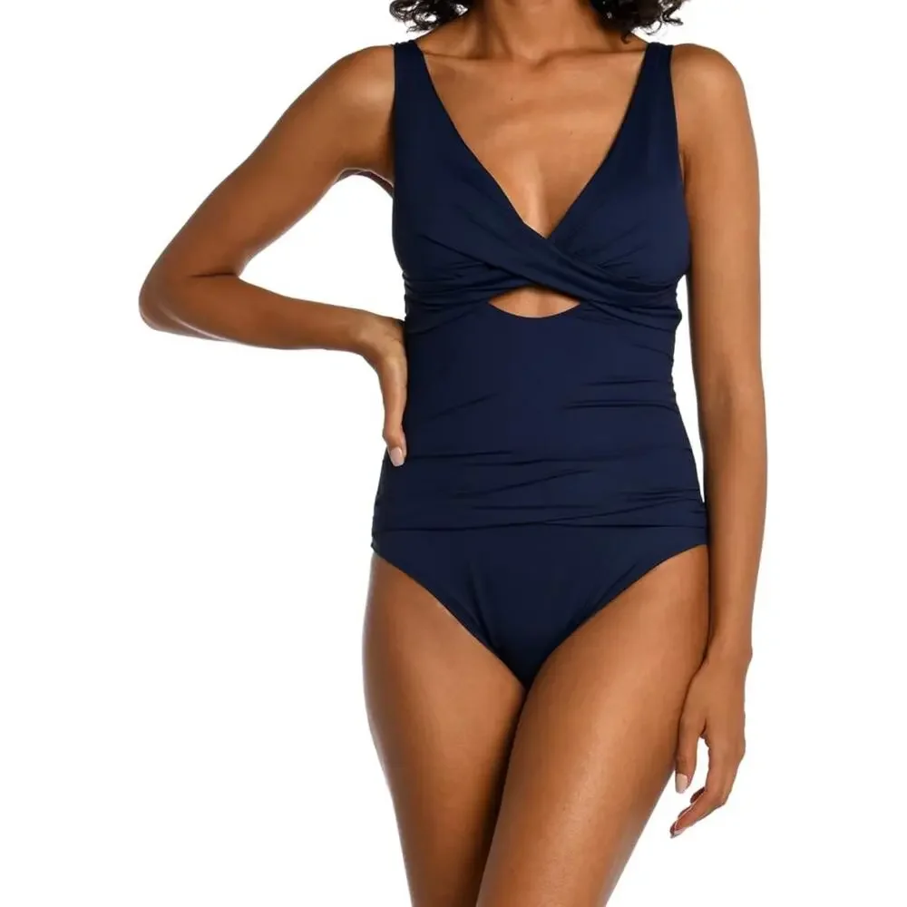 NWT Ladies La Blanca Blue Island Goddess Cross Front Keyhole Swimsuit - Size 10